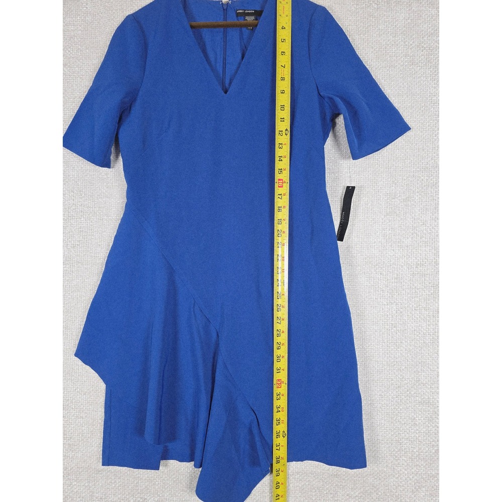 Maggy London Blue Short Sleeve Asymmetrical Ruffle V Neck Dress Size 10 NWT - Picture 7 of 12